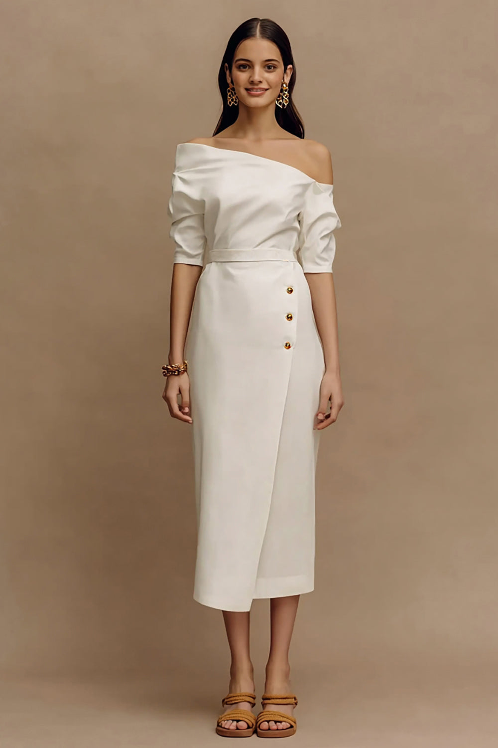 Ivory Sheath One Shoulder Midi Work Dress with Sleeves