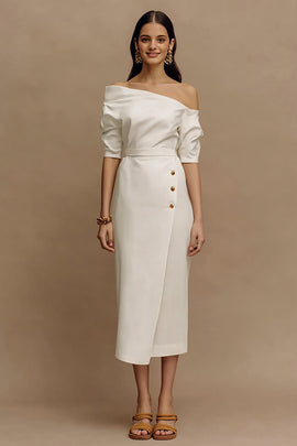 Ivory Sheath One Shoulder Midi Work Dress with Sleeves