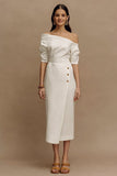 Ivory Sheath One Shoulder Midi Work Dress with Sleeves