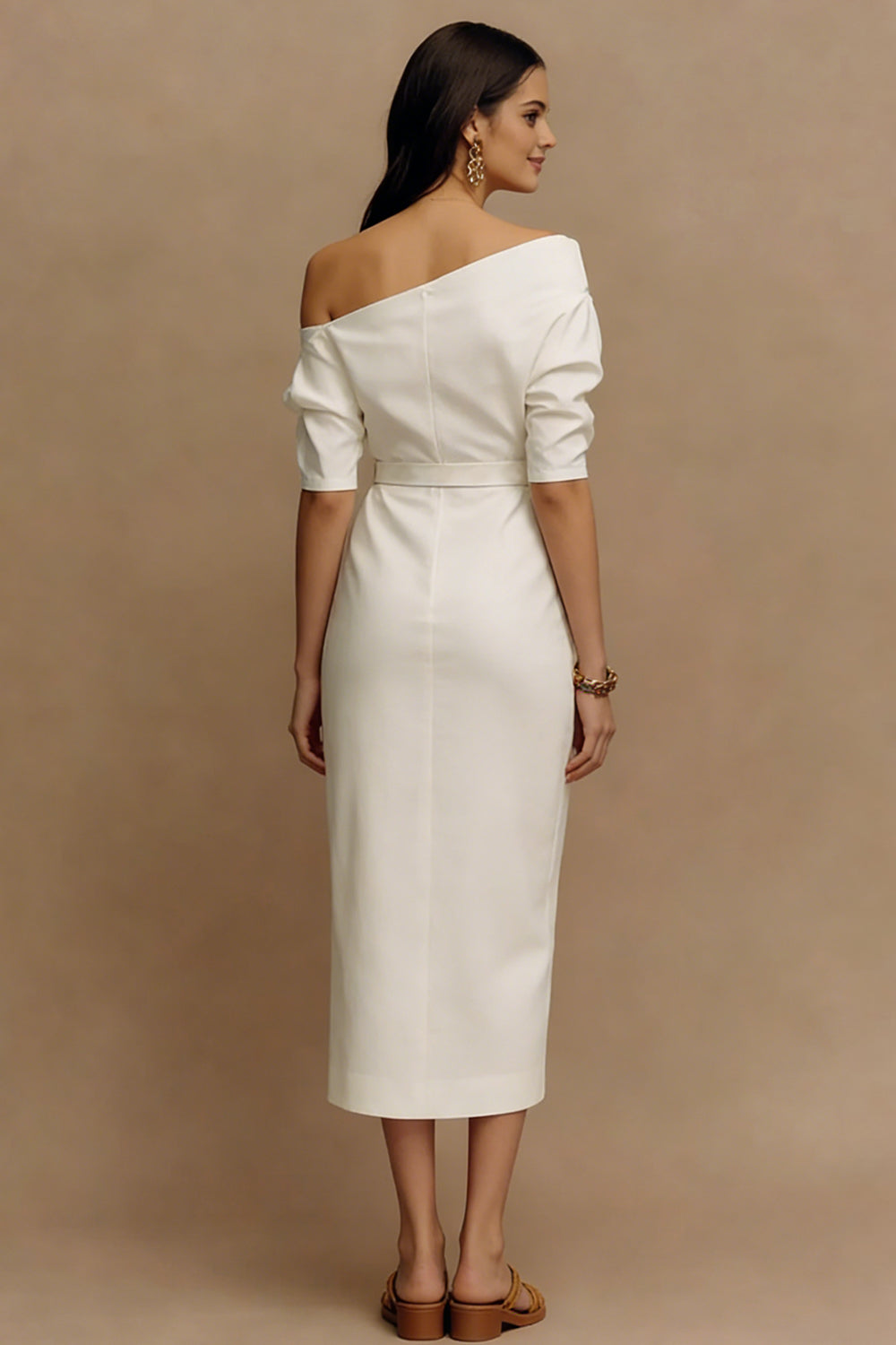 Zapakasa Women Ivory Sheath Midi Work Dress with Sleeves One Shoulder