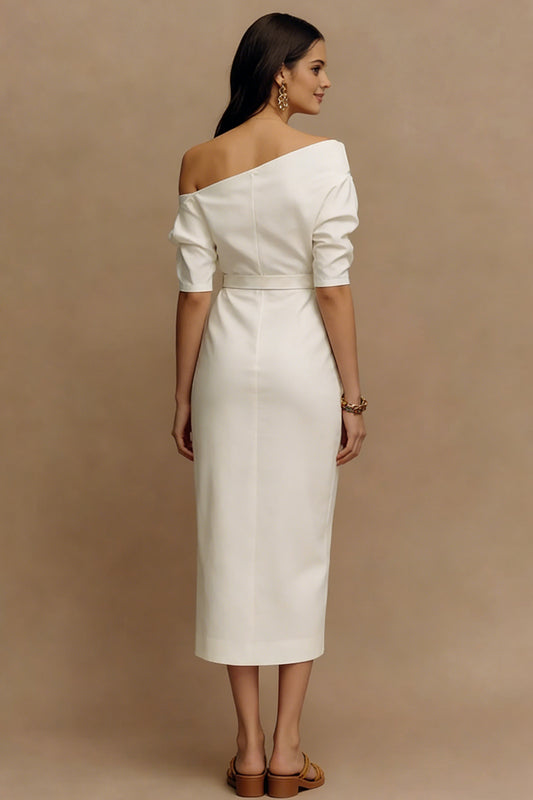 Ivory Sheath One Shoulder Midi Work Dress with Sleeves