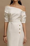 Ivory Sheath One Shoulder Midi Work Dress with Sleeves