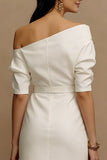 Ivory Sheath One Shoulder Midi Work Dress with Sleeves