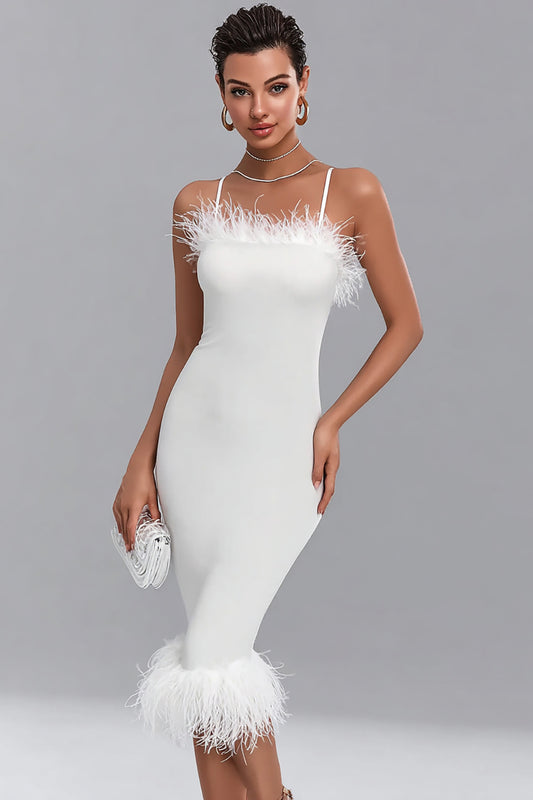 White Satin Bodycon Midi Engagement Dress with Feathers