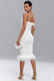 White Satin Bodycon Midi Engagement Dress with Feathers