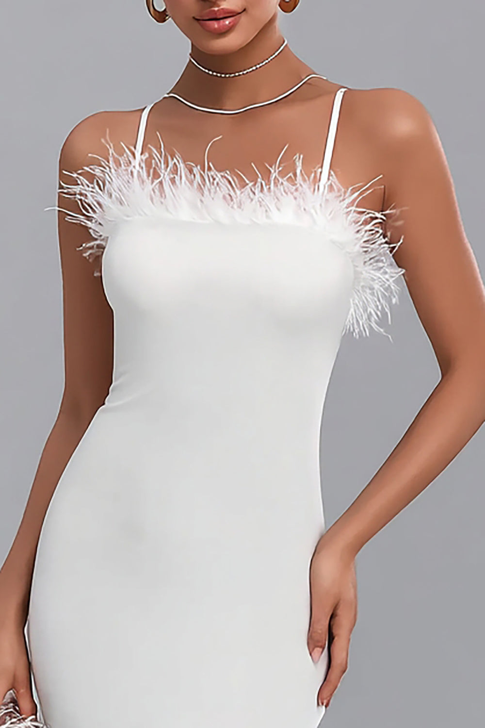 White Satin Bodycon Midi Engagement Dress with Feathers
