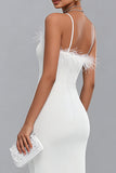 White Satin Bodycon Midi Engagement Dress with Feathers