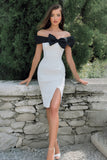 Black and White Bodycon Off the Shoulder Midi Engagement Dress with Bow