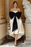 Black and White Satin A Line Asymmetrical Engagement Dress with Bow