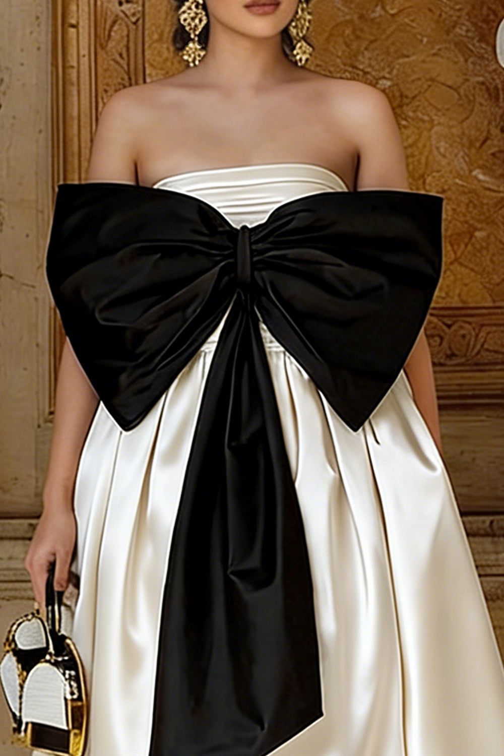 Black and White Satin A Line Asymmetrical Engagement Dress with Bow