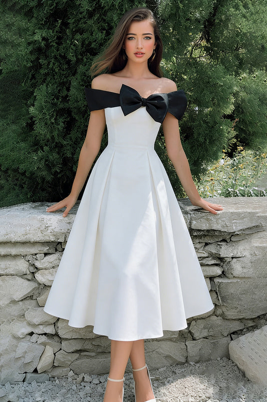 Black and White Off the Shoulder A Line Midi Engagement Dress with Bow