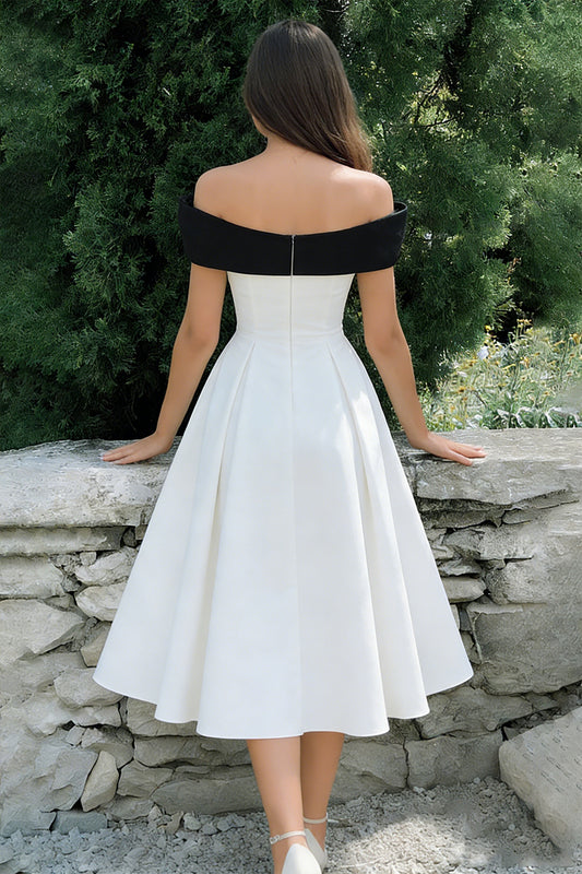 Black and White Off the Shoulder A Line Midi Engagement Dress with Bow