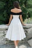 Black and White Off the Shoulder A Line Midi Engagement Dress with Bow