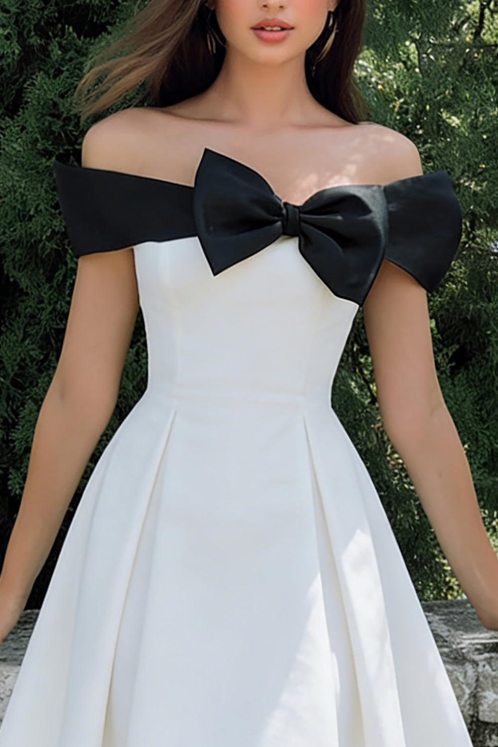 Black and White Off the Shoulder A Line Midi Engagement Dress with Bow