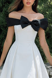 Black and White Off the Shoulder A Line Midi Engagement Dress with Bow