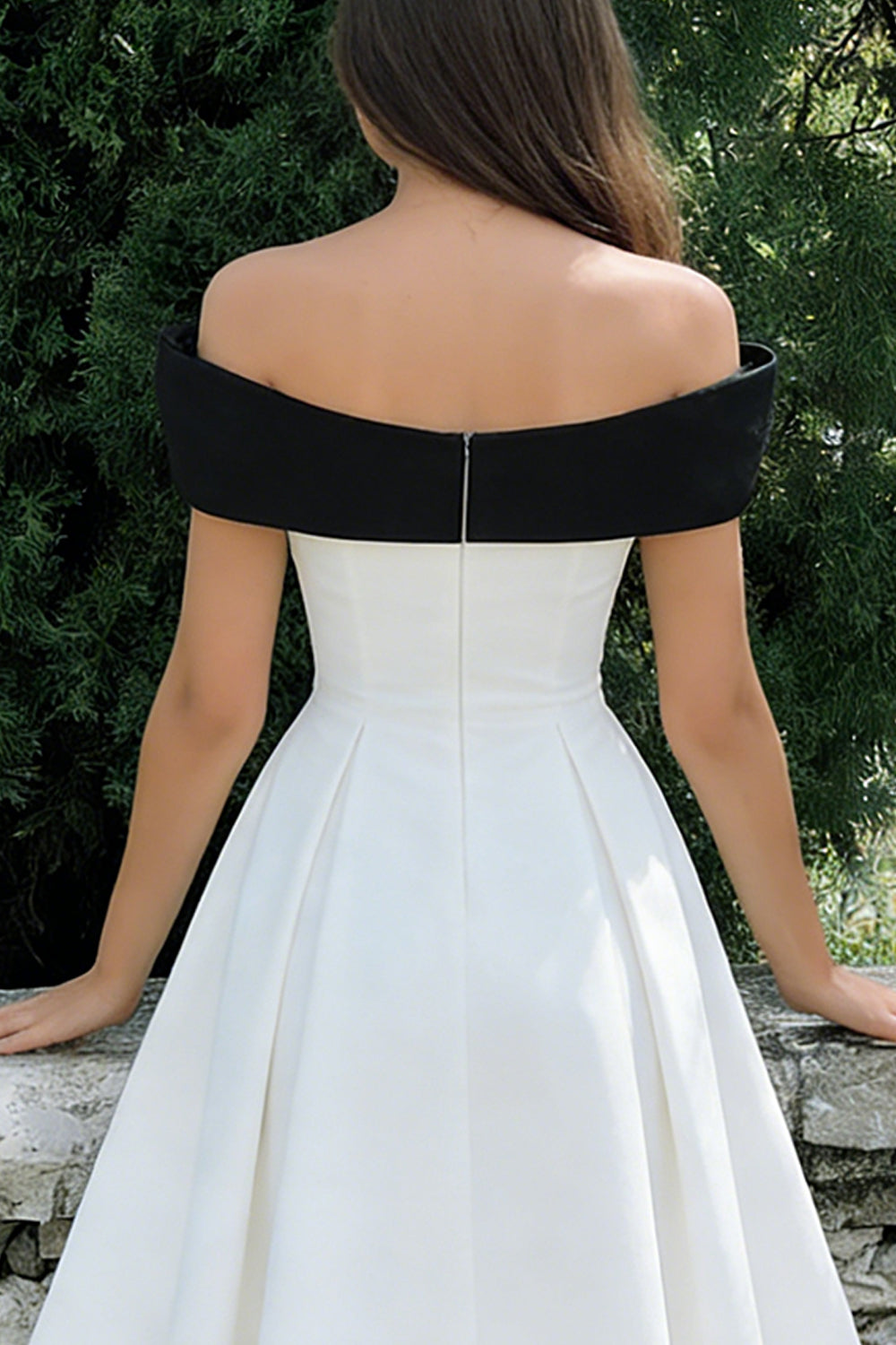 Black and White Off the Shoulder A Line Midi Engagement Dress with Bow