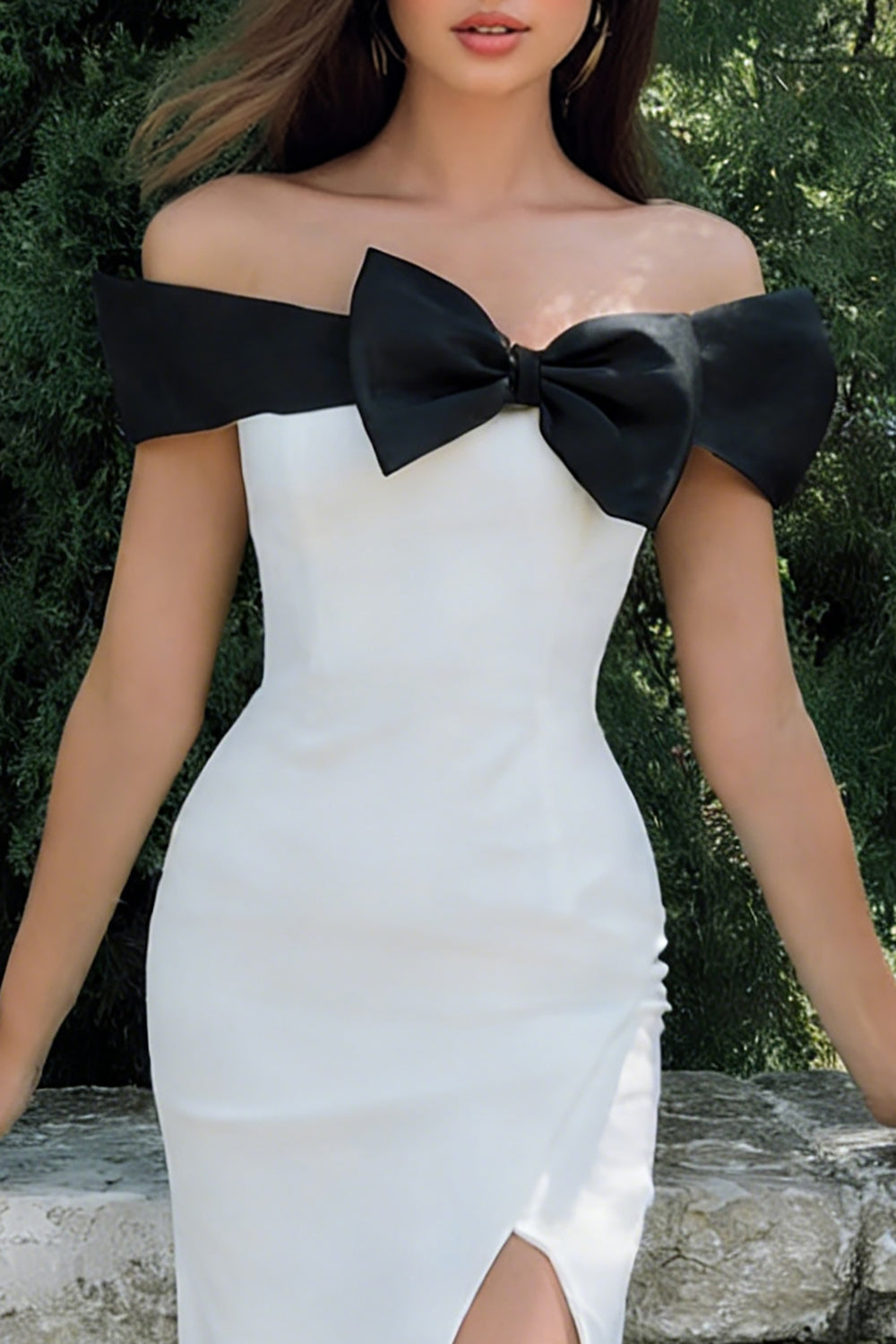 Black and White Sheath Off the Shoulder Long Engagement Dress with Slit