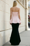 Black and Pink Strapless Mermaid Long Formal Dress with Ruffles