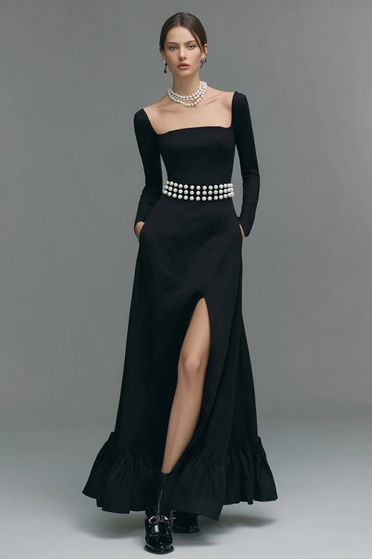 Black A Line Square Neck Long Sleeves Formal Dress with Slit