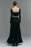 Black A Line Square Neck Long Sleeves Formal Dress with Slit