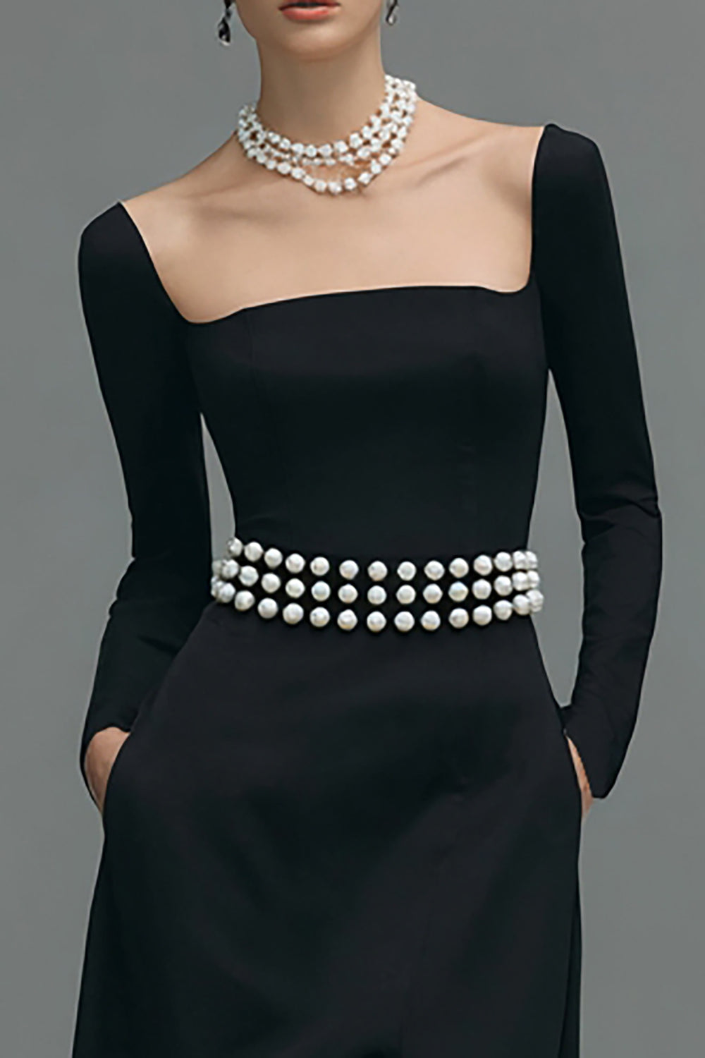 Black A Line Square Neck Long Sleeves Formal Dress with Slit
