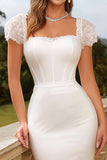 Ivory Bodycon Square Neck Midi Corset Engagement Dress with Sleeves