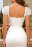 Ivory Bodycon Square Neck Midi Corset Engagement Dress with Sleeves