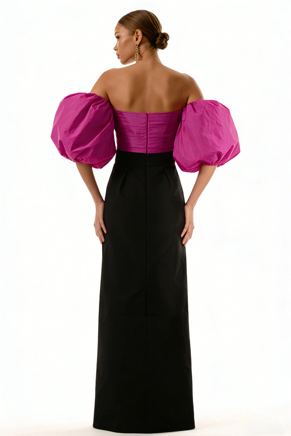 Black and Fuchsia Satin Sheath Puff Sleeves Long Formal Dress
