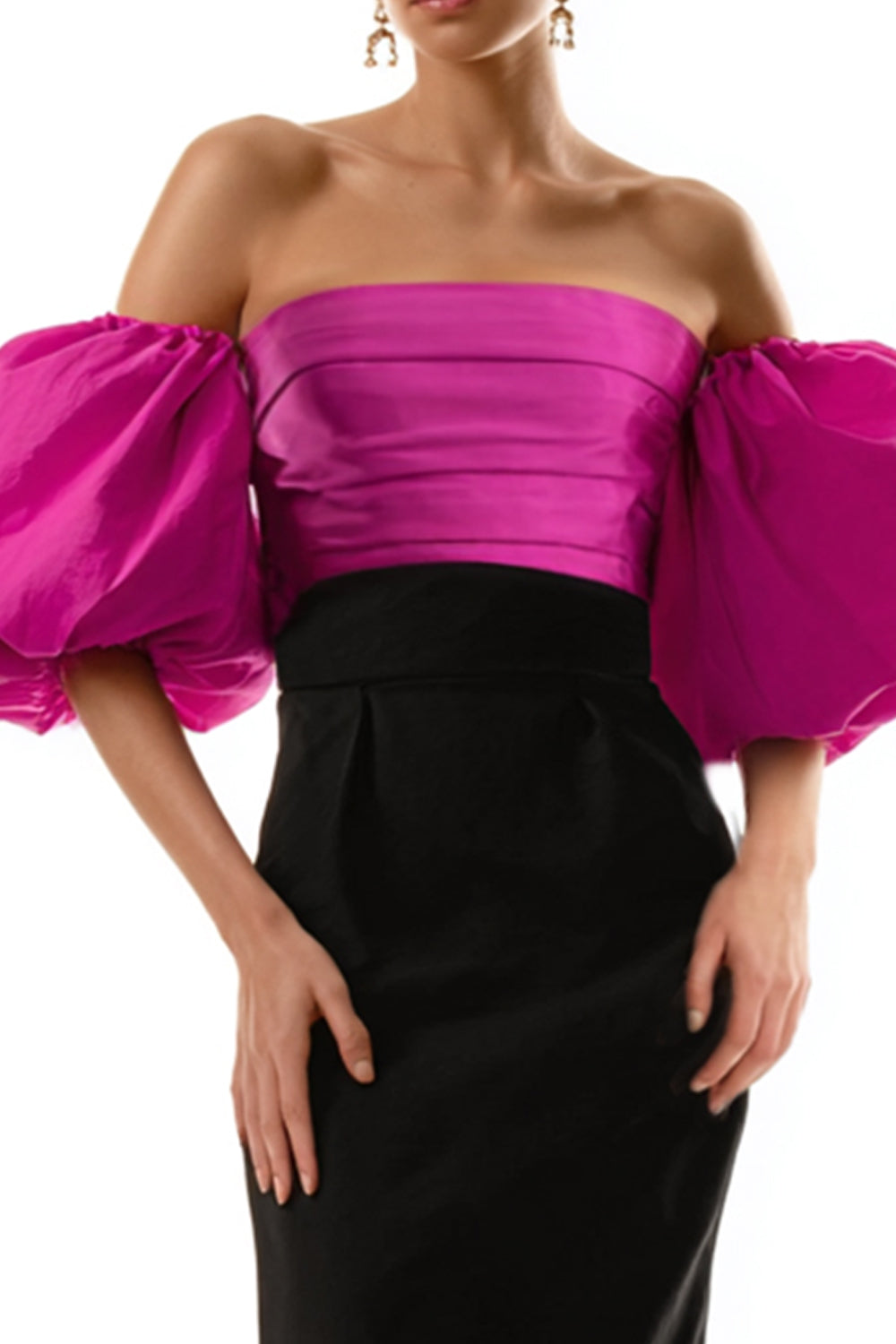 Black and Fuchsia Satin Sheath Puff Sleeves Long Formal Dress