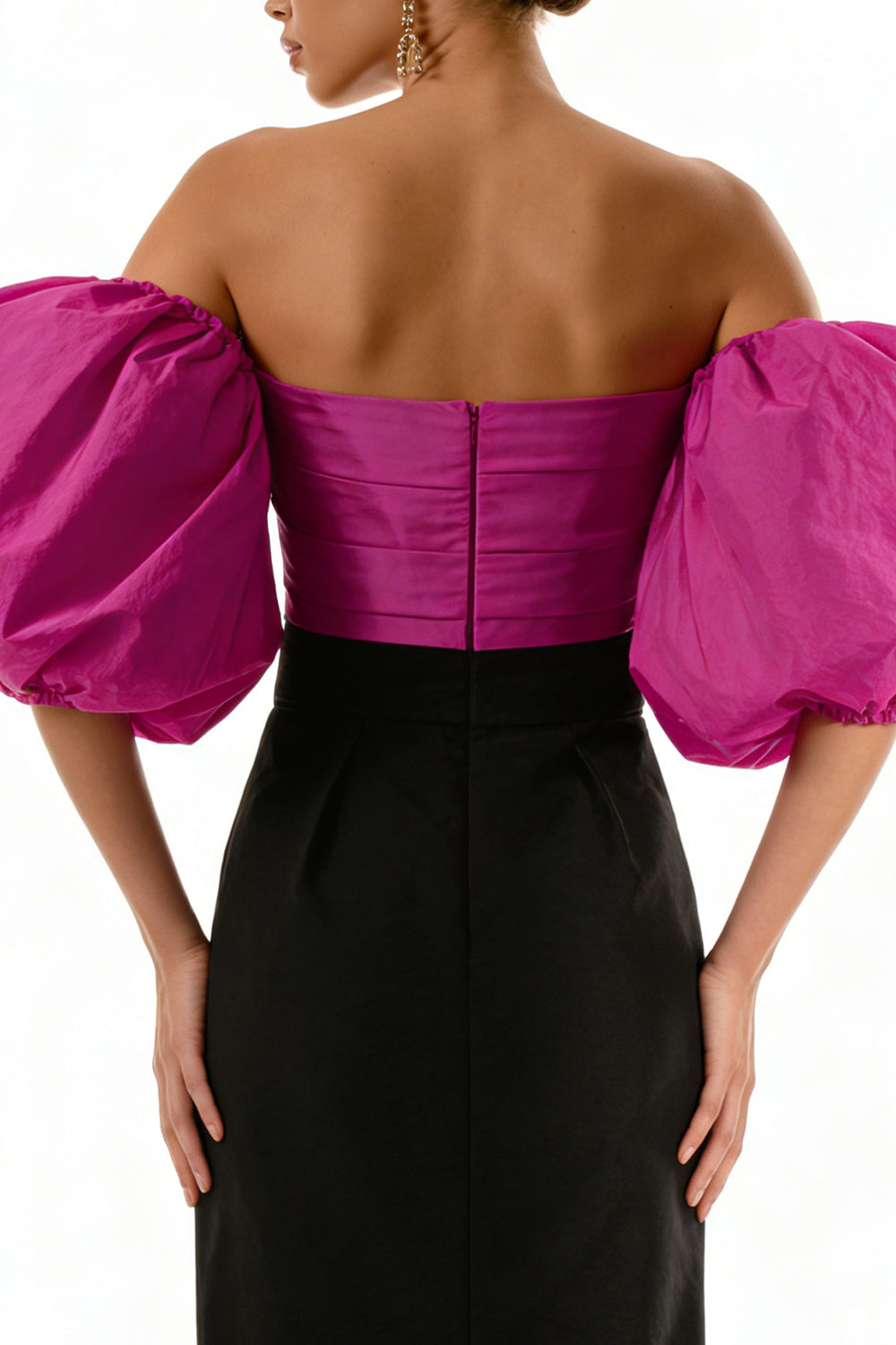 Black and Fuchsia Satin Sheath Puff Sleeves Long Formal Dress