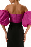 Black and Fuchsia Satin Sheath Puff Sleeves Long Formal Dress