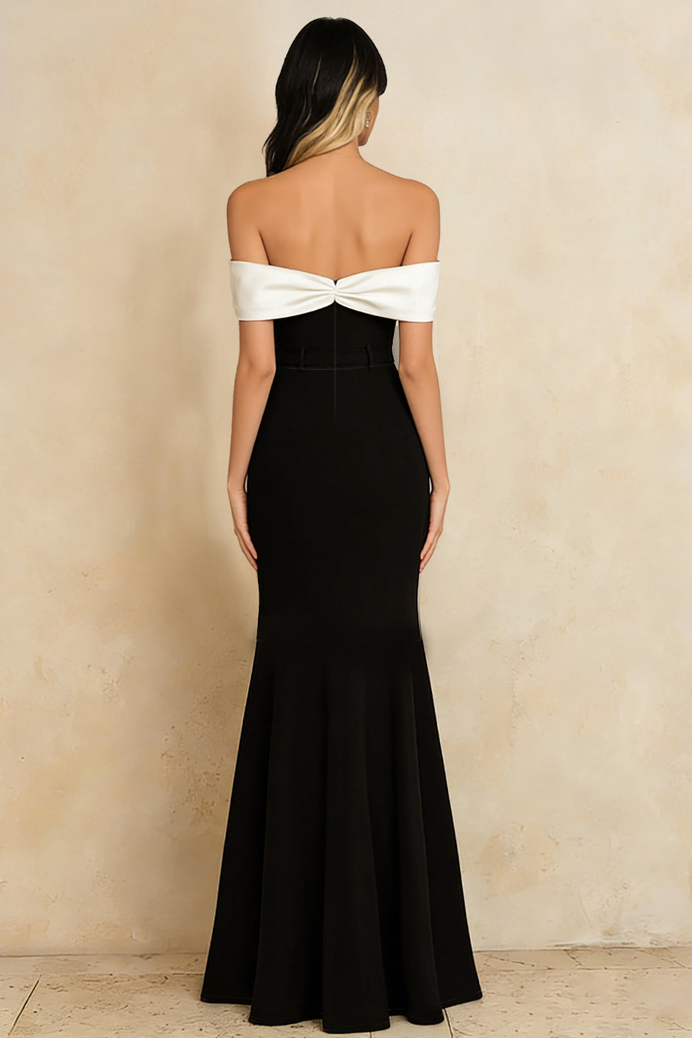 Black and White Mermaid Off the Shoulder Long Formal Dress