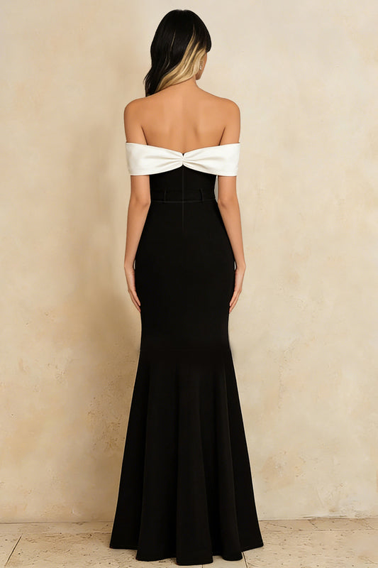 Black and White Mermaid Off the Shoulder Long Formal Dress