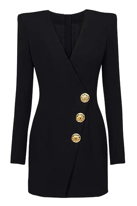 Black V-Neck Single Breasted Short Blazer Dress with Sleeves