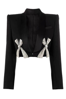 Sparkly Black Shawl Lapel Women Prom Blazer with Bows