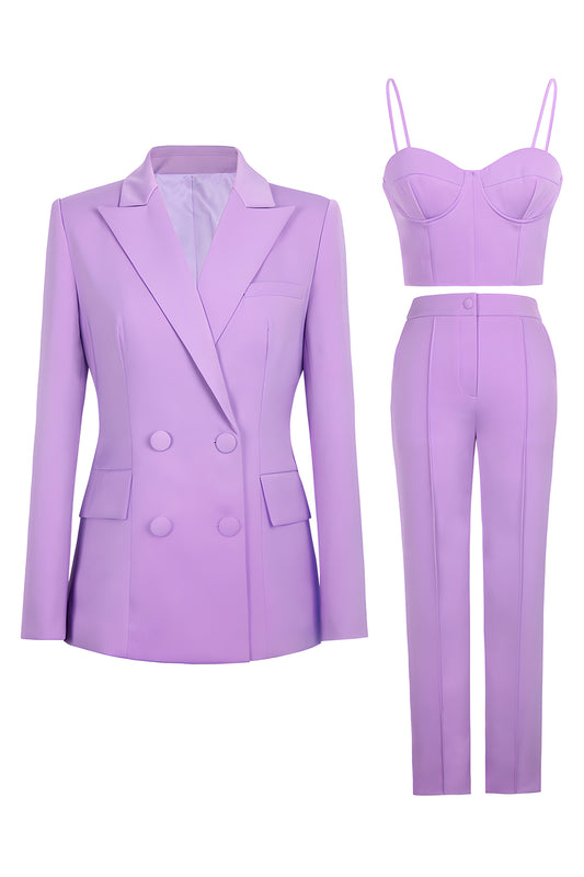 3 Piece Purple Peak Lapel Double Breasted Women Business Suits