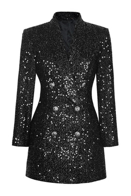 Sparkly Black Sequin Shawl Lapel Women Prom Blazer with Sleeves