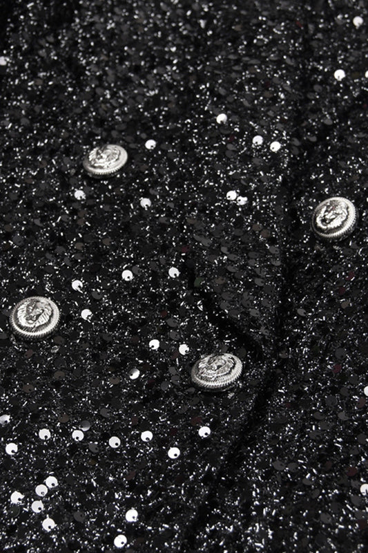 Sparkly Black Sequin Shawl Lapel Women Prom Blazer with Sleeves