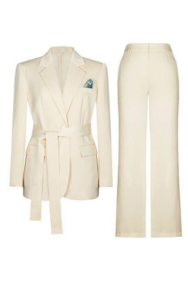 2 Piece Ivory Notched Lapel Business Suits with Sash