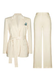 2 Piece Ivory Notched Lapel Business Suits with Sash