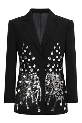 Sparkly Black Sequin Notched Lapel Women Prom Blazer with Rhinestones