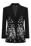 Sparkly Black Sequin Notched Lapel Women Prom Blazer with Rhinestones