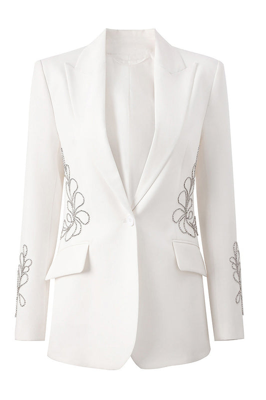 Floral White Beaded Peak Lapel Women Prom Blazer