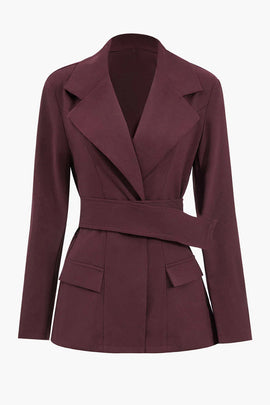 Burgundy Notched Lapel Women Blazer with Sleeves