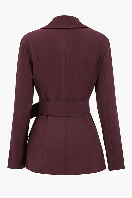 Burgundy Notched Lapel Women Blazer with Sleeves