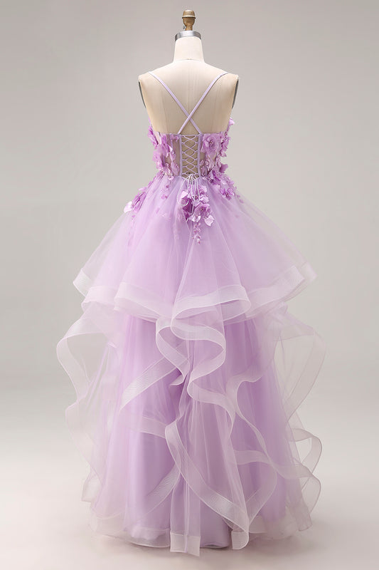 Lilac Tulle Spaghetti Straps Ruffled Long Corset Prom Dress with 3D Flowers