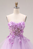 Lilac Tulle Spaghetti Straps Ruffled Long Corset Prom Dress with 3D Flowers