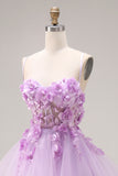 Lilac Tulle Spaghetti Straps Ruffled Long Corset Prom Dress with 3D Flowers