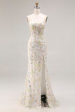 Floral White Mermaid Beaded Sweetheart Long Corset Prom Dress with Slit