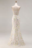Floral White Mermaid Beaded Sweetheart Long Corset Prom Dress with Slit